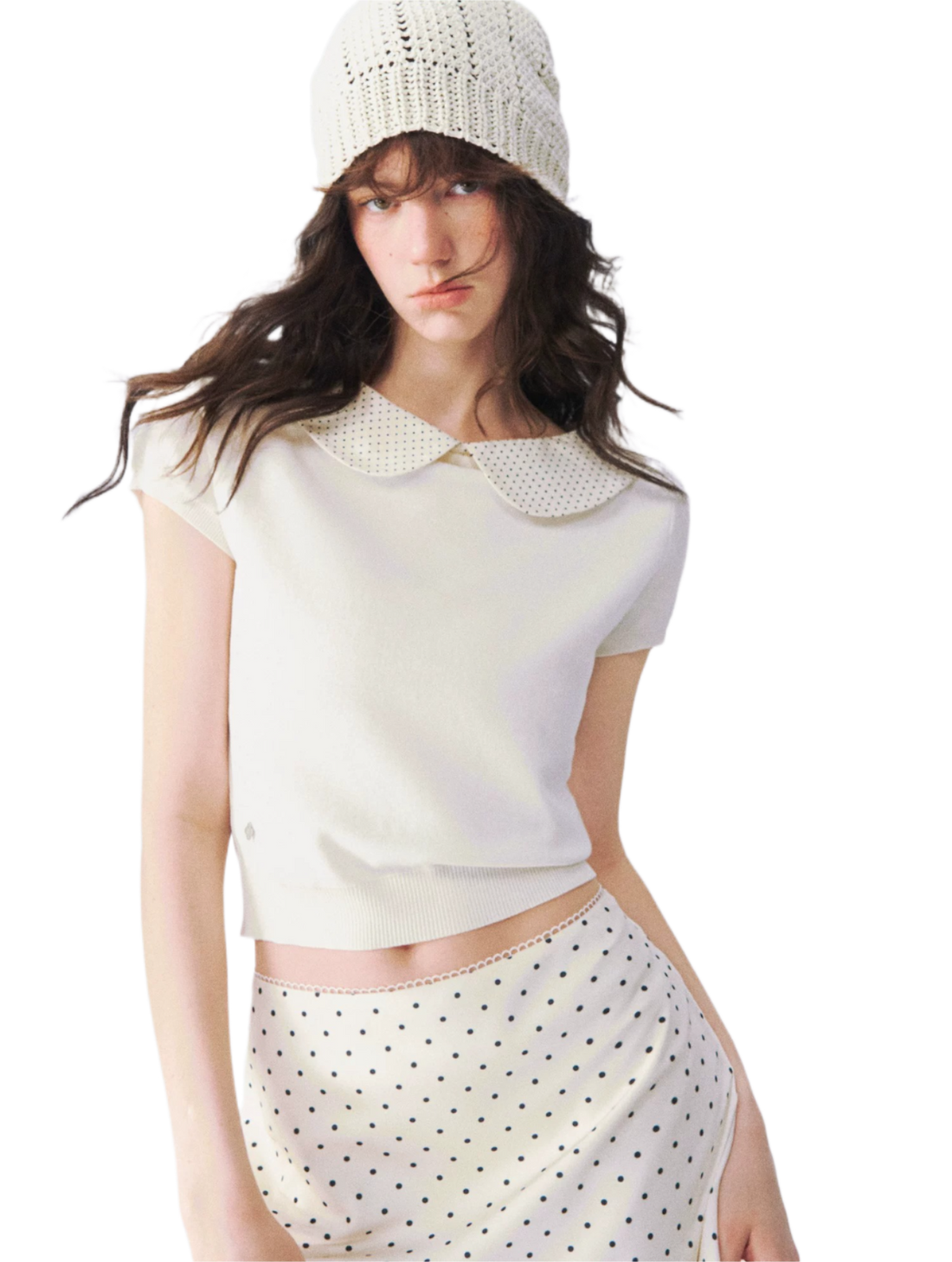 Peter Pan Collar Contrast Knit Short Sleeve Top