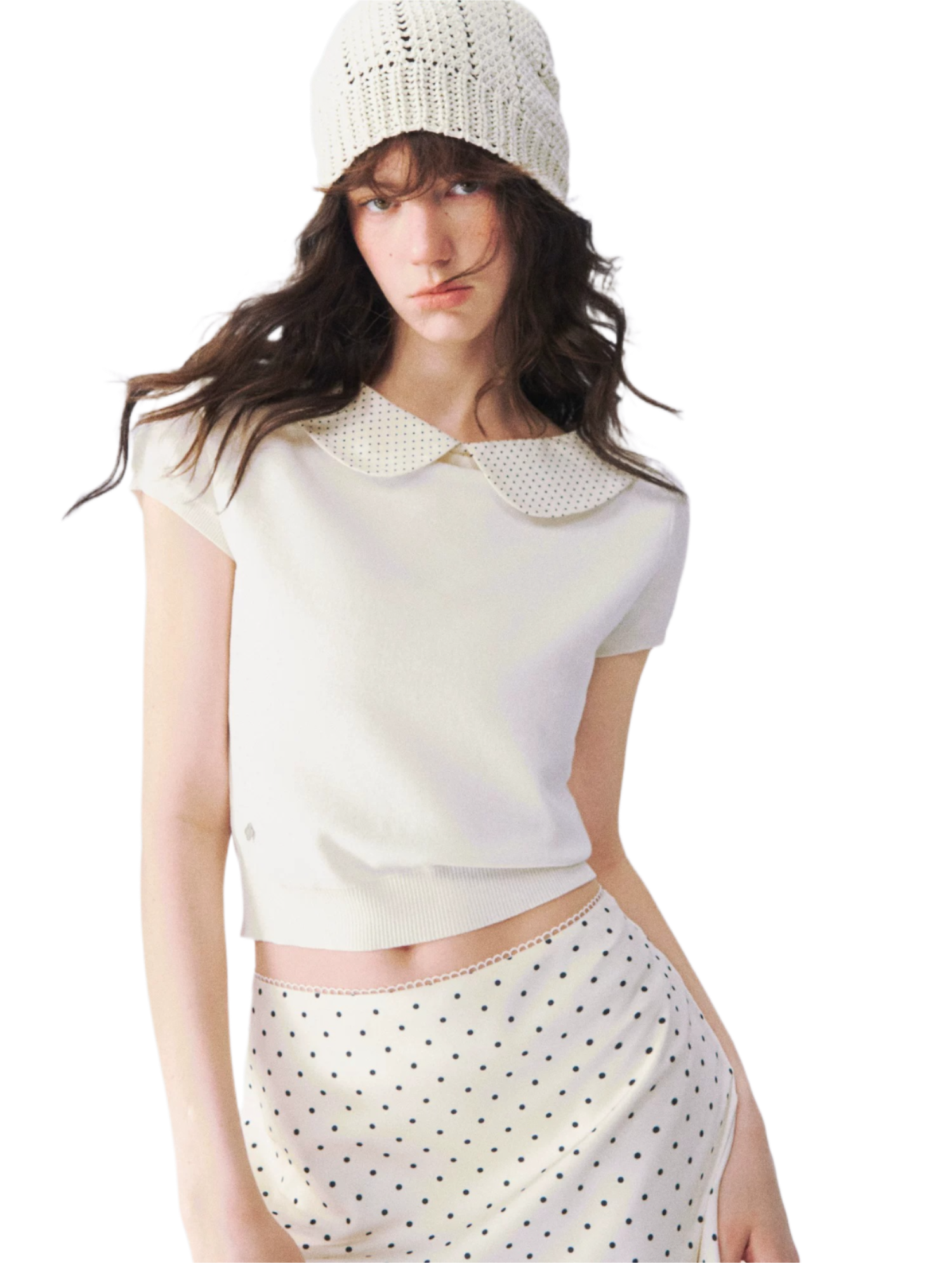 Peter Pan Collar Contrast Knit Short Sleeve Top