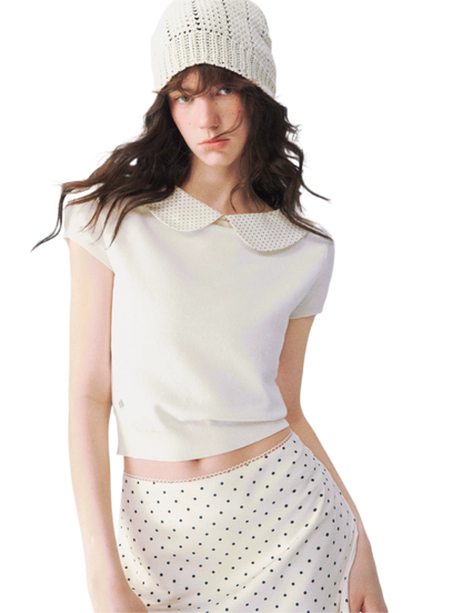 Peter Pan Collar Contrast Knit Short Sleeve Top