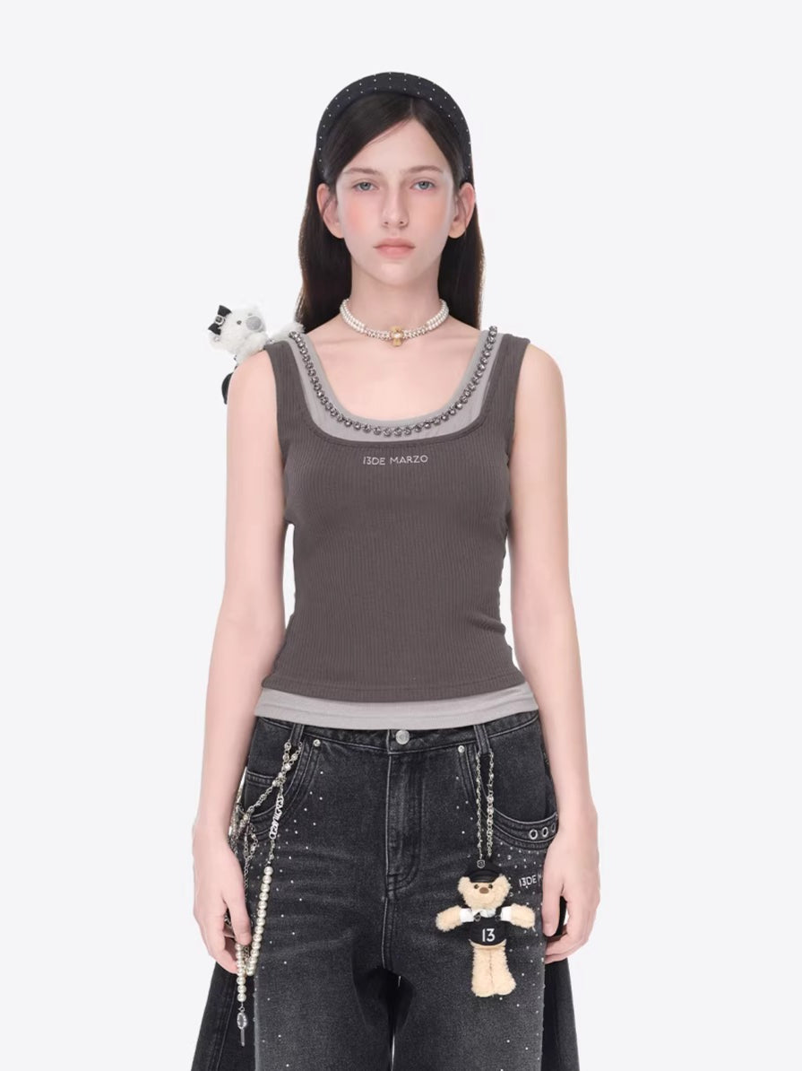 Gemstone-Collar Fitted Cropped Camisole