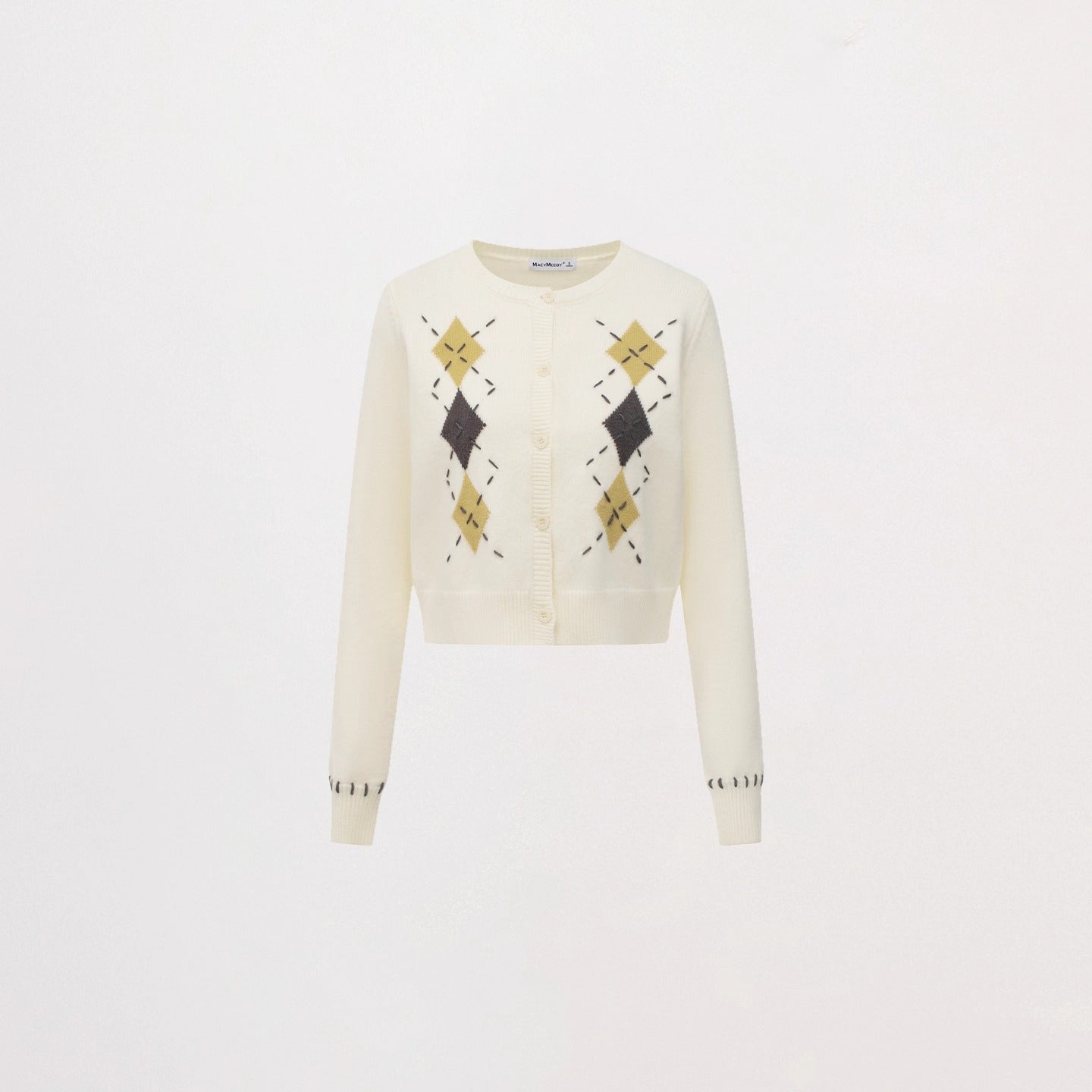 Hand-Stitched Argyle Knit Cardigan
