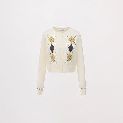 Hand-Stitched Argyle Knit Cardigan
