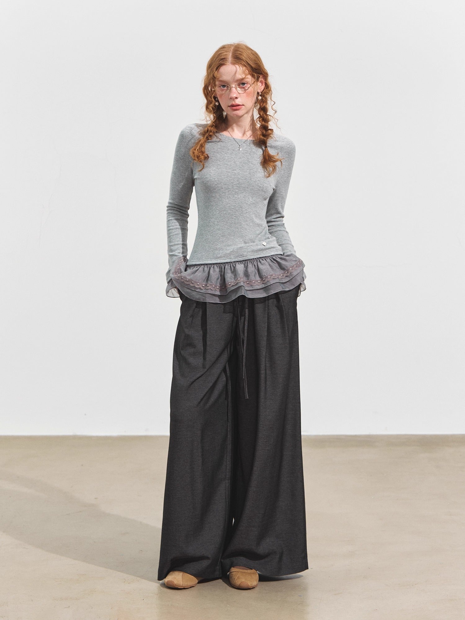 Double-Layer Ruffle Raglan Sleeve Fleece T-Shirt