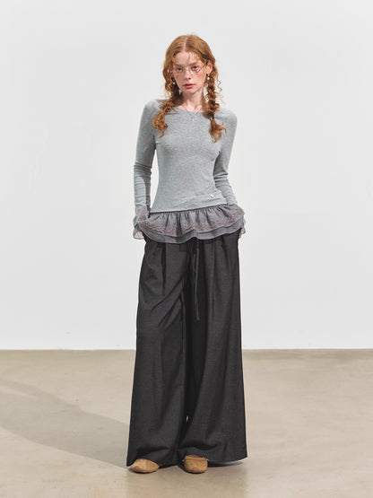 Double-Layer Ruffle Raglan Sleeve Fleece T-Shirt