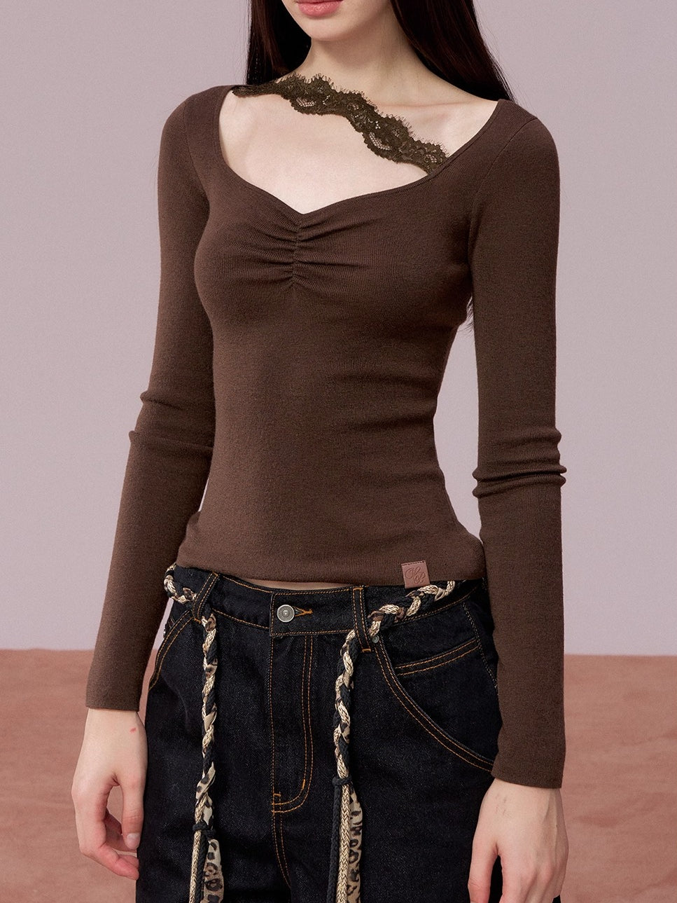 Ruched Lace-Trim Fitted Knit T-Shirt