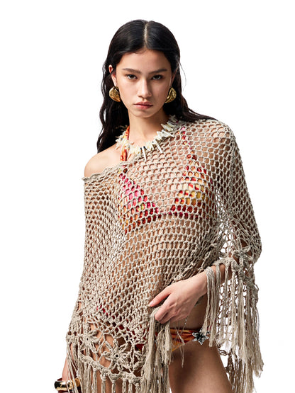 Hollow Out One-Piece Fringed Knit Shrug - CHINASQUAD