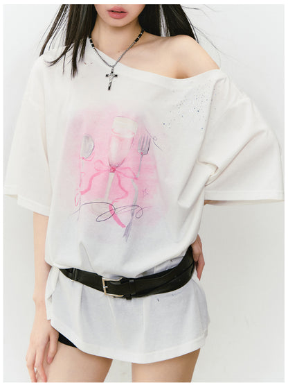 Rhinestone Printed Asymmetric Shoulder Short sleeve T-shirt - CHINASQUAD
