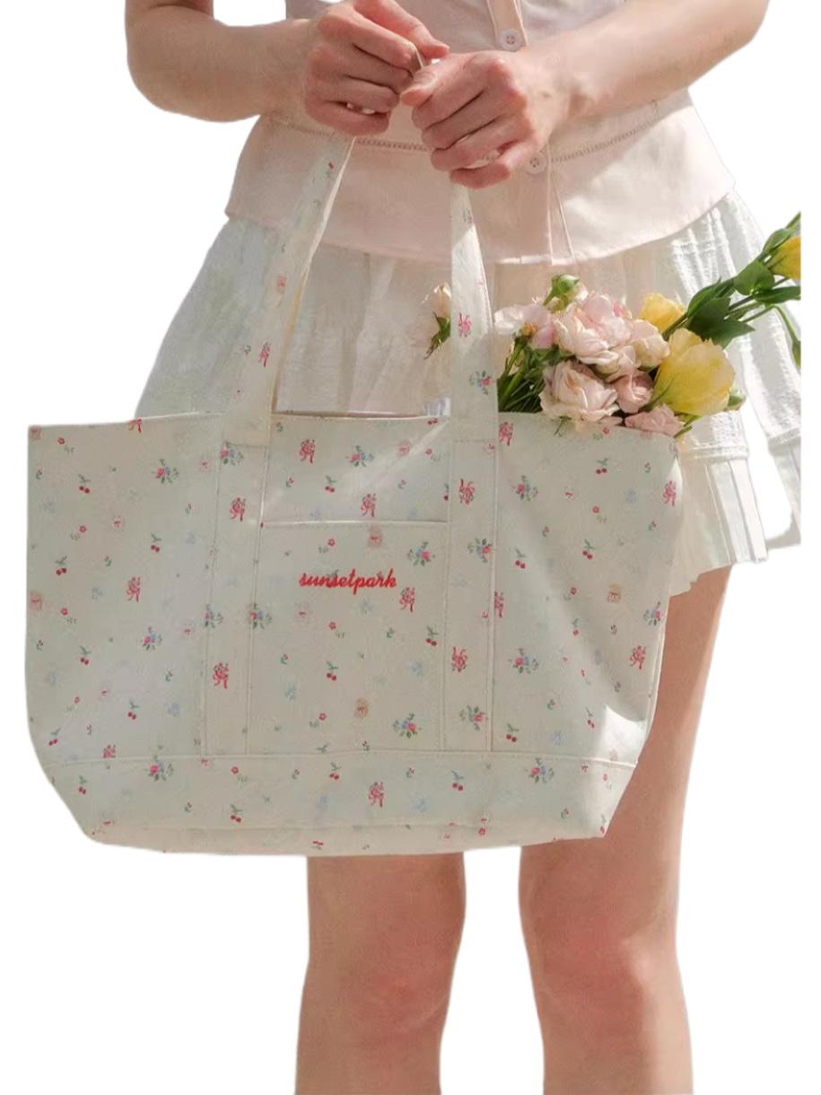 Vintage Hand-Drawn Floral Canvas Tote Bag