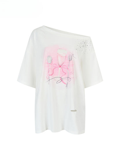 Rhinestone Printed Asymmetric Shoulder Short sleeve T-shirt - CHINASQUAD