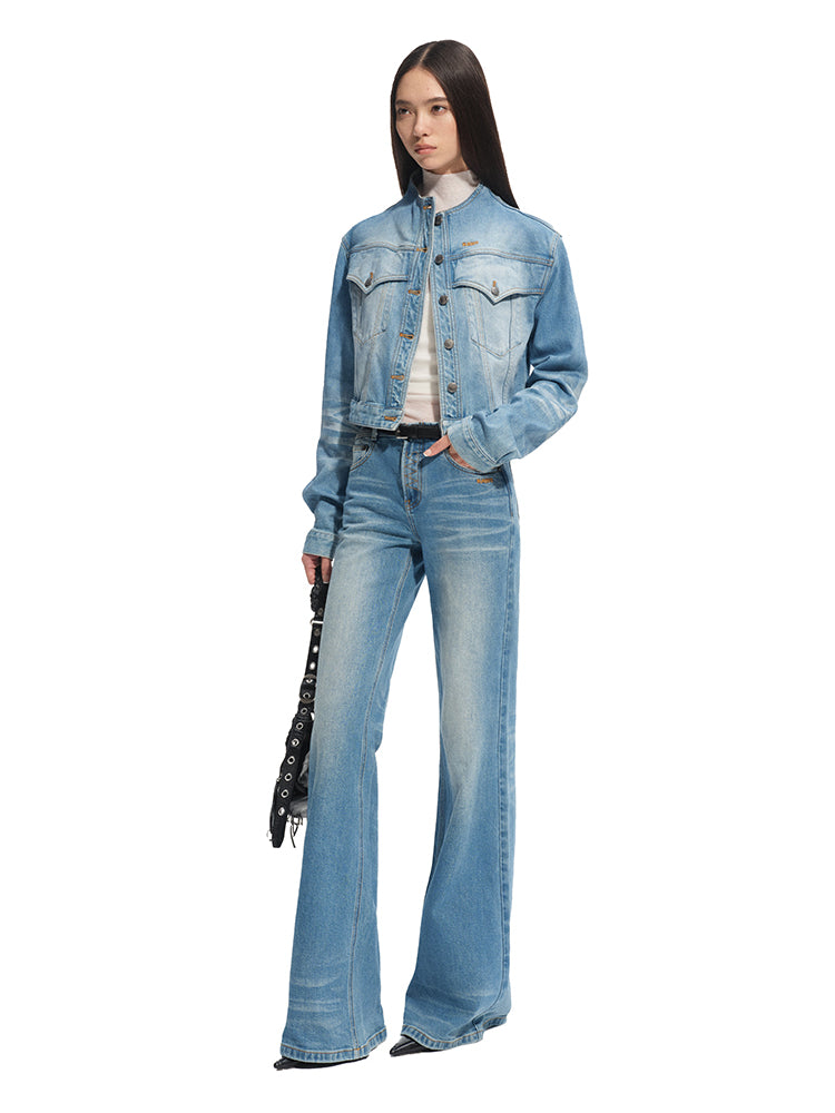 Twill Denim Cat-Whisker Stand-Collar Cropped Jacket - CHINASQUAD
