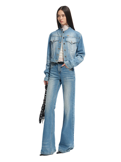 Twill Denim Cat-Whisker Stand-Collar Cropped Jacket - CHINASQUAD