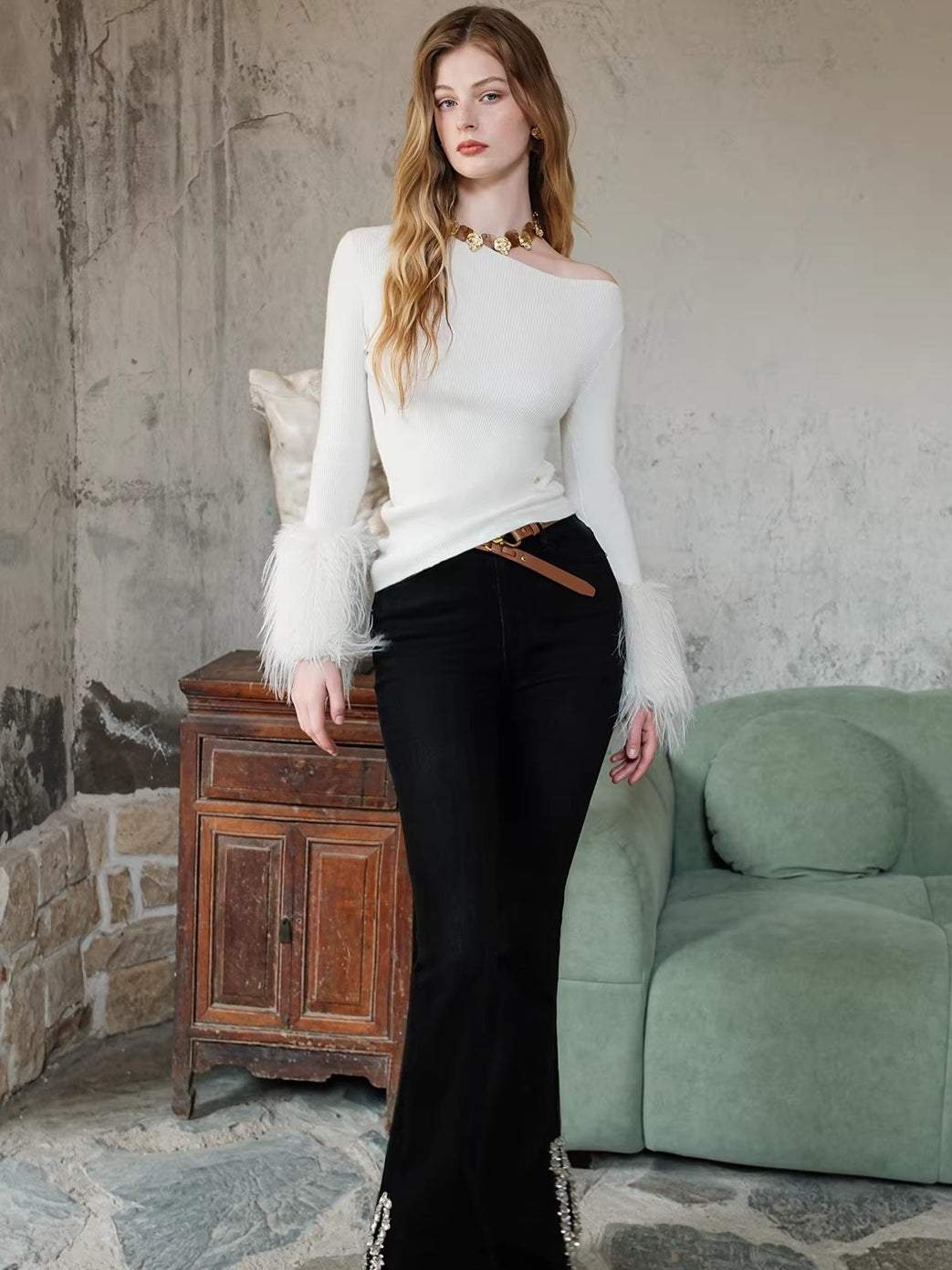 Asymmetric Off-Shoulder Slim-Fit Knit Base Layer