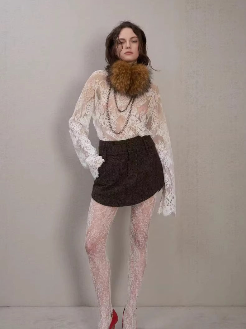 Layered Ribbed Lace-Trim Crewneck T-Shirt