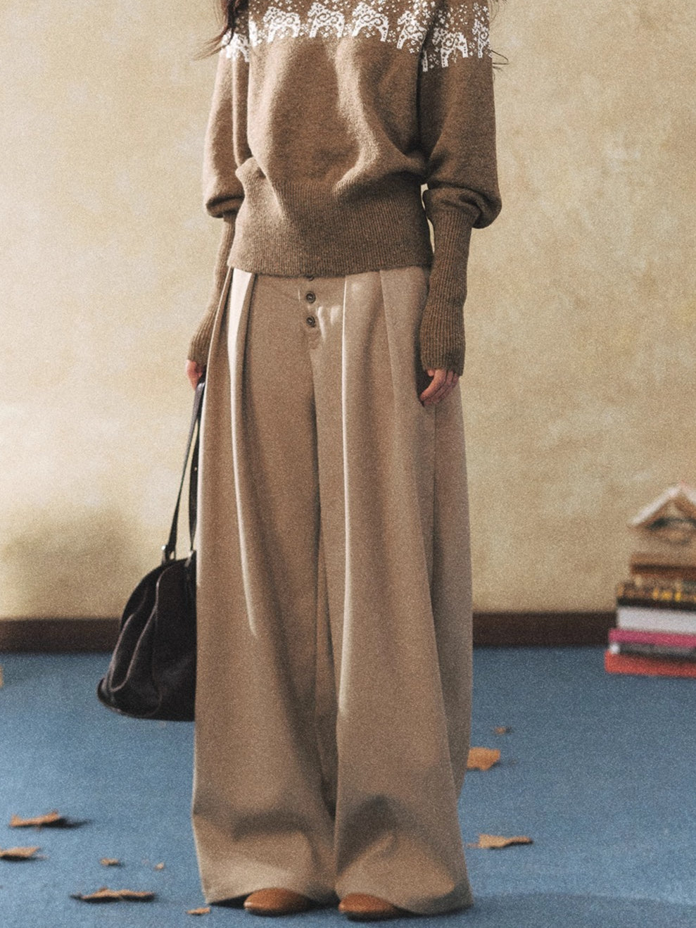 Khaki Relaxed Straight-Leg Wide Trousers