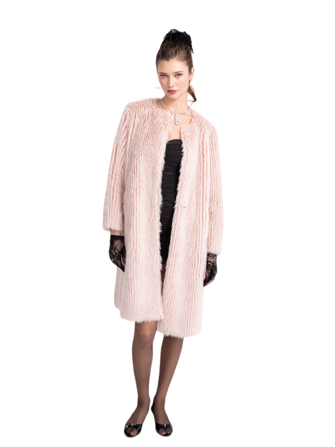 Round-Neck Eco-Faux Fur Long Coat