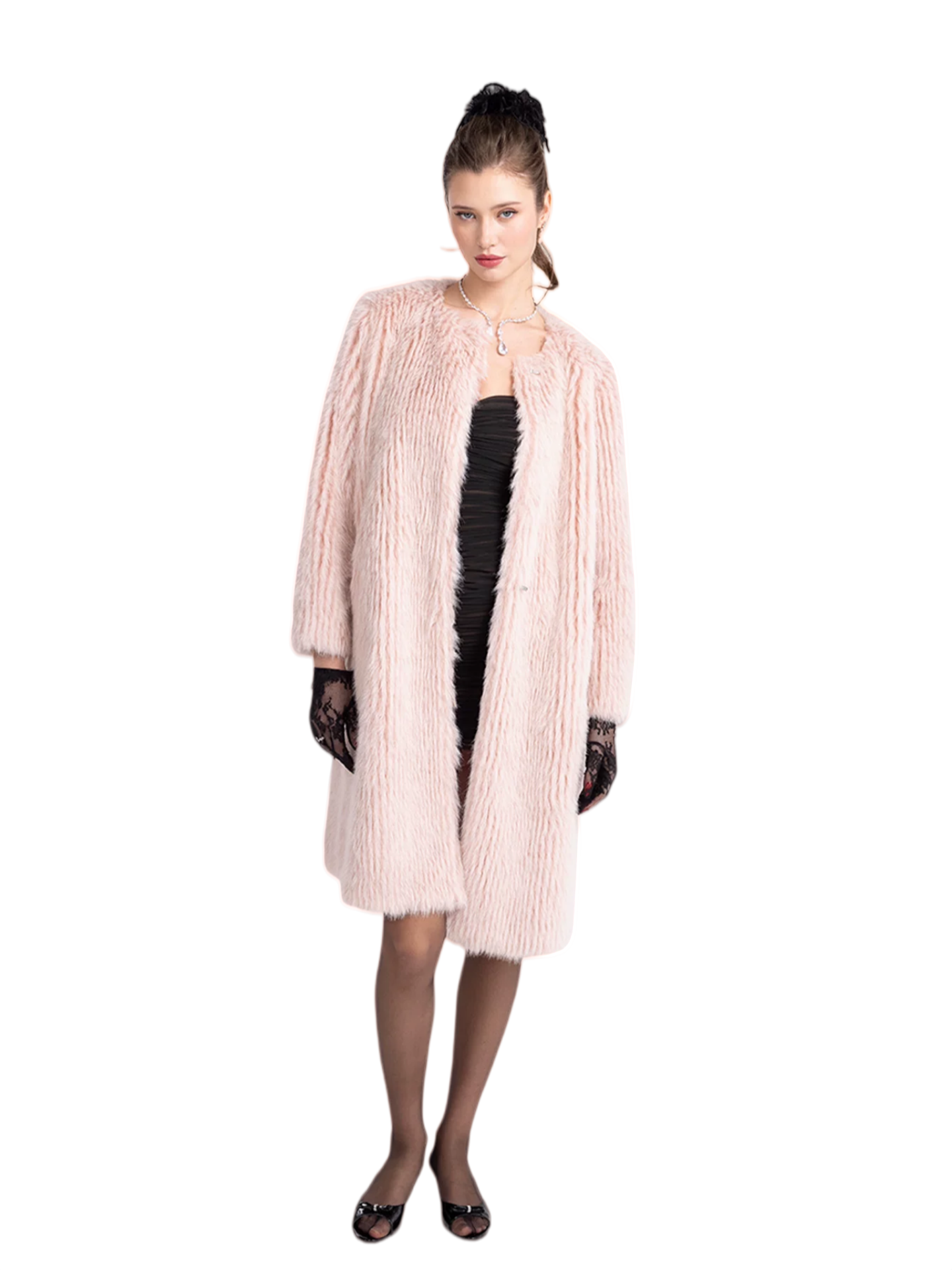 Round-Neck Eco-Faux Fur Long Coat
