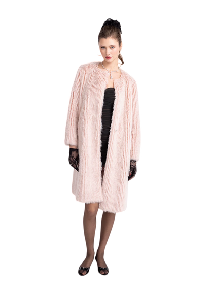 Round-Neck Eco-Faux Fur Long Coat
