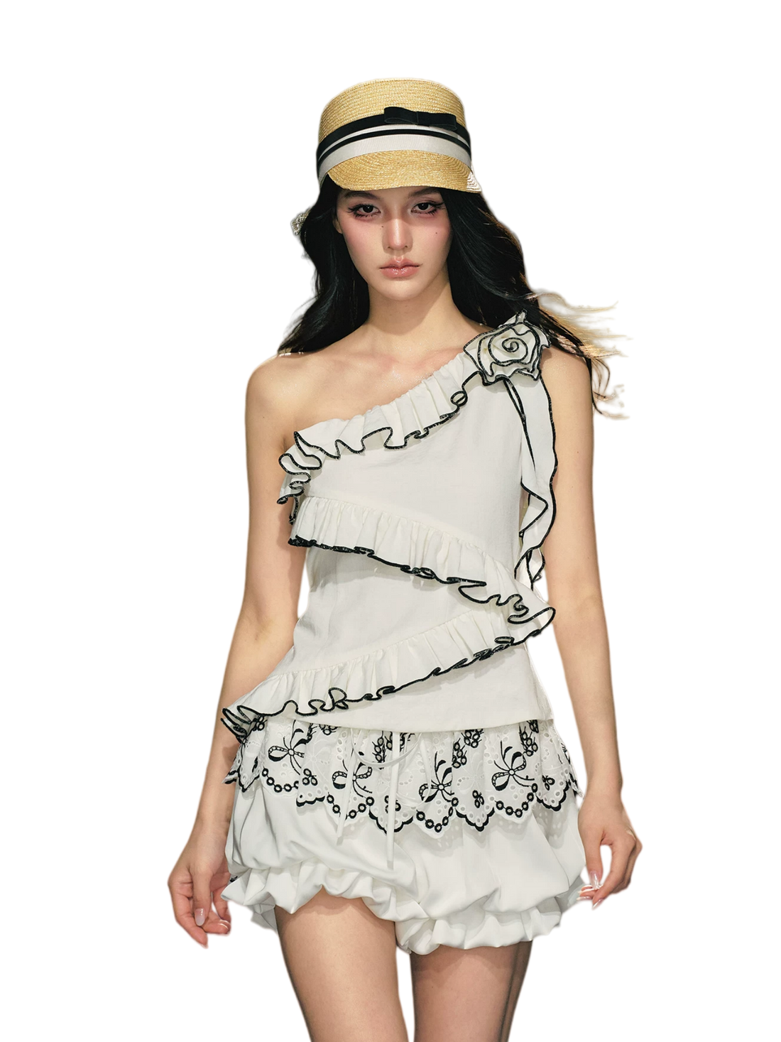 Asymmetric Rose-Trim Layered Top &amp; Puff Bloomers Set