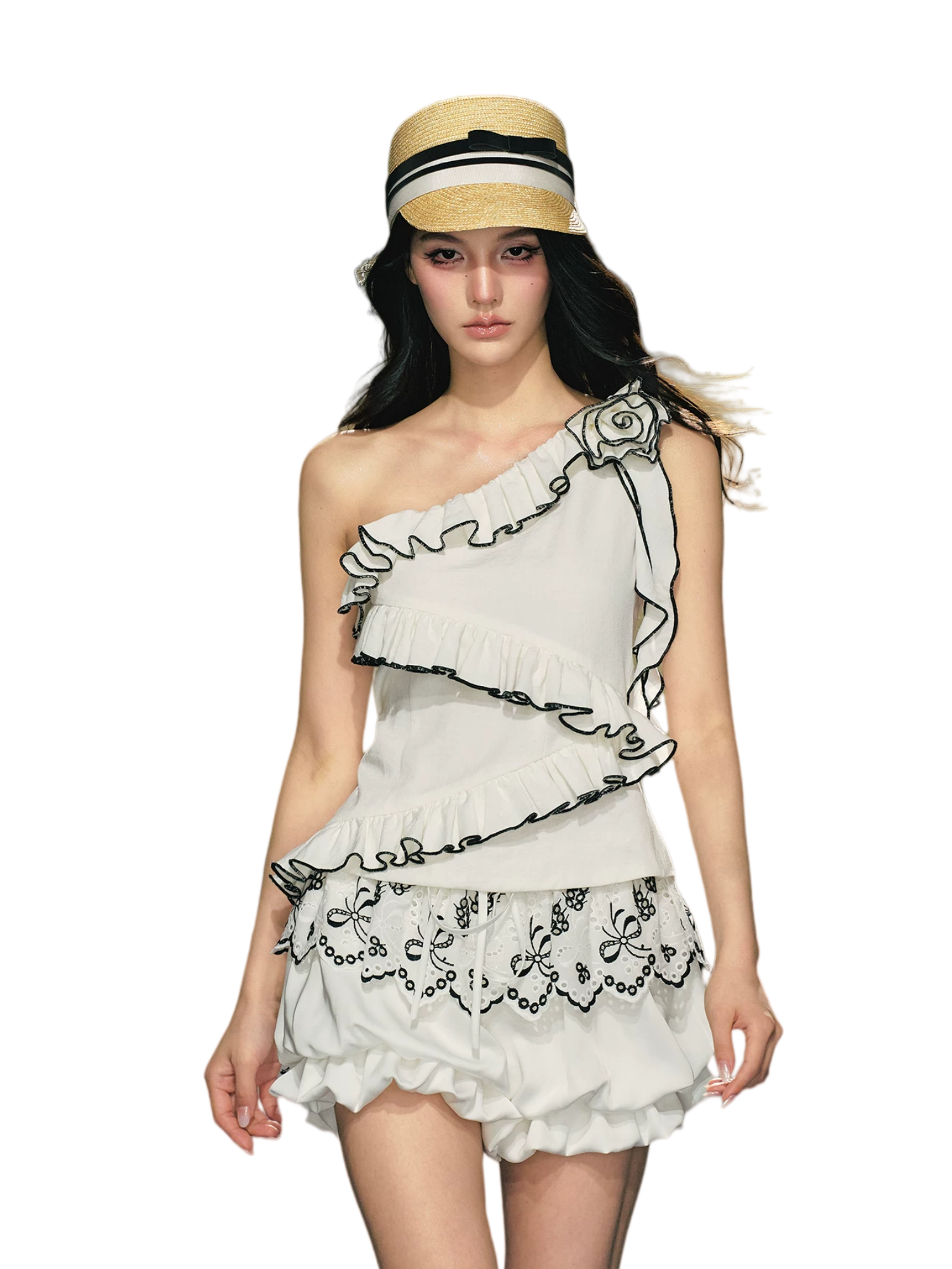 Asymmetric Rose-Trim Layered Top &amp; Puff Bloomers Set