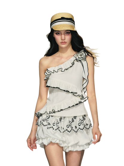 Asymmetric Rose-Trim Layered Top &amp; Puff Bloomers Set