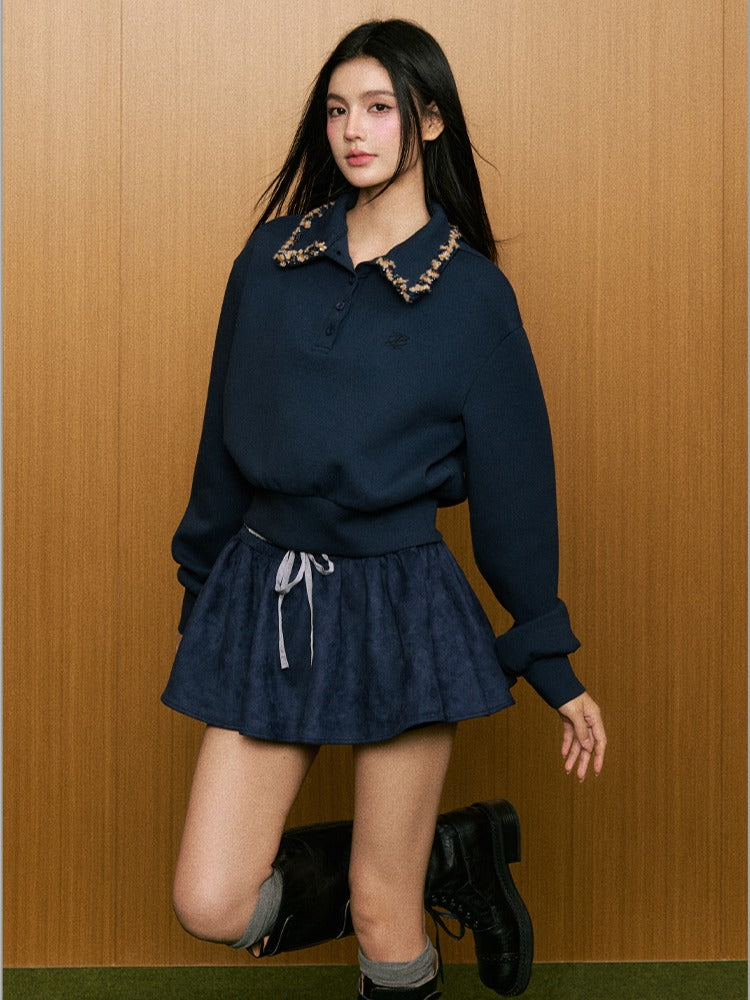 Knit Striped Collar Polo Sweatshirt &amp; Skirt Set