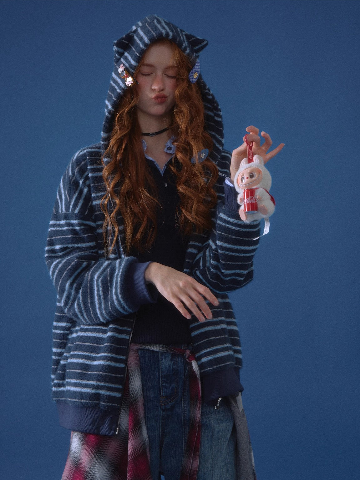 Striped Plush Cat-Ear Zip-up Hoodie