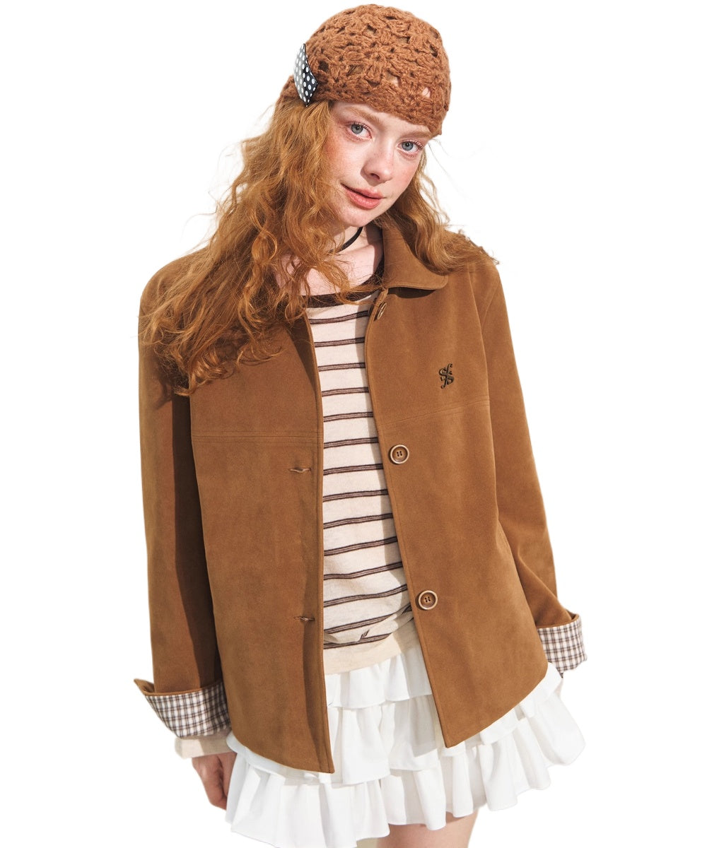 Velvet-Textured Peter Pan Collar Leather Jacket