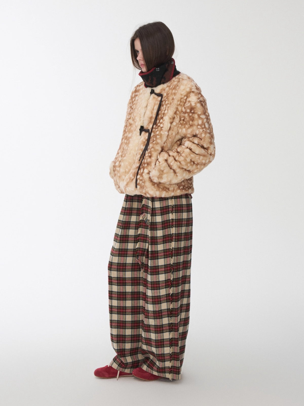 Vintage Red Plaid Brushed Cotton Wide-Leg Pants