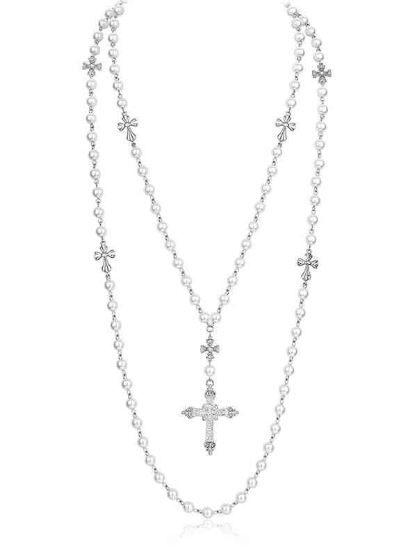 Double-Layered Pearl Fleur-de-Lis Cross Long Necklace