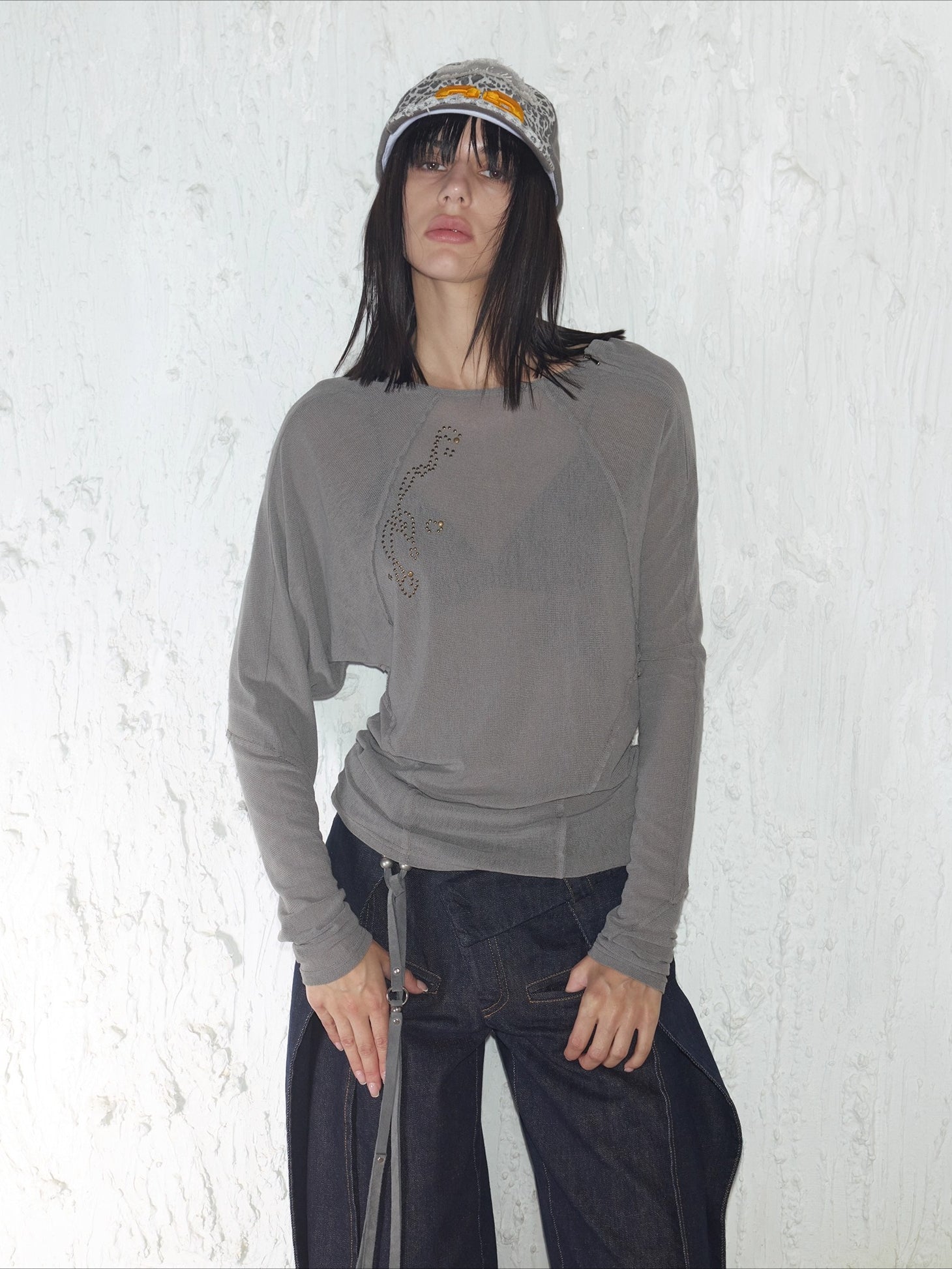Rhinestone Frayed-Edge Knit T-Shirt