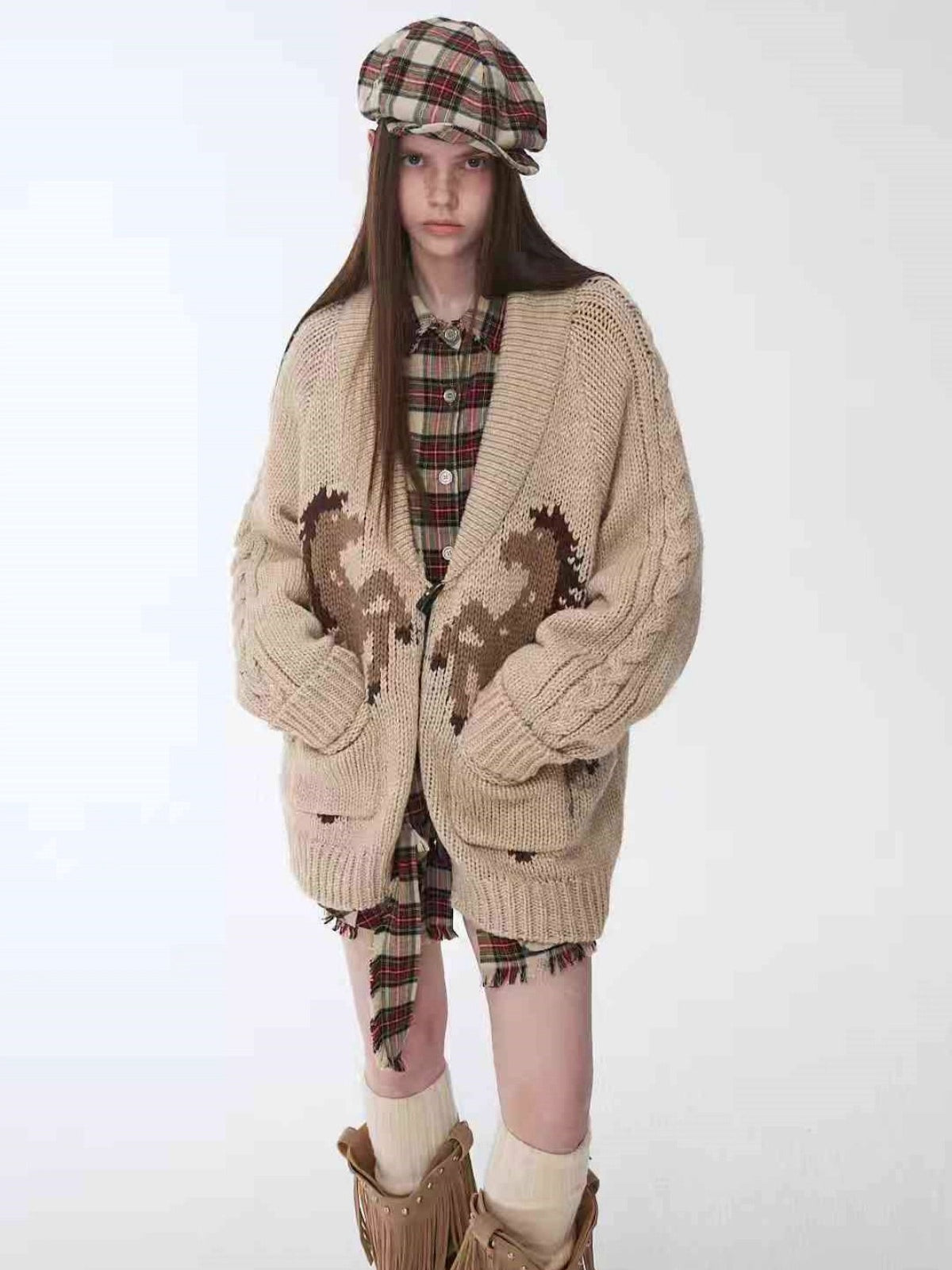 Pony Jacquard Horn-Button Chunky Cardigan