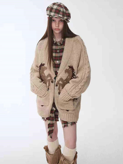 Pony Jacquard Horn-Button Chunky Cardigan