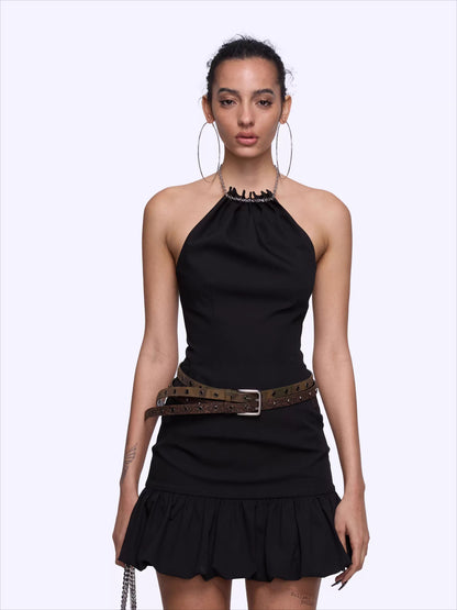 Chain Halter Bubble-Waist Mini Dress