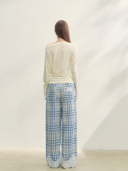 Lace Panel Checked Straight-Leg Pants - CHINASQUAD