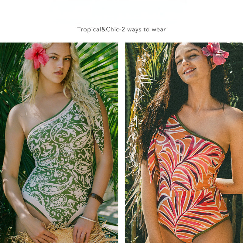 Green &amp; Orange Double-Sided Printed One-Piece Swimsuit