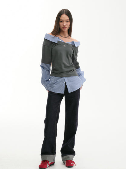 Off-shoulder Slimming Shirt Patchwork T-shirt