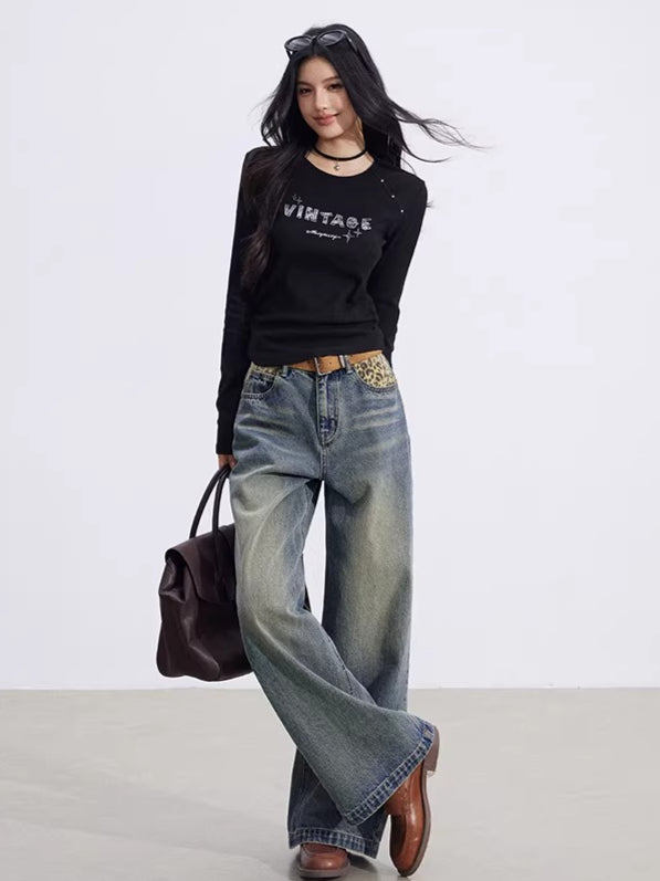 Leopard-Print Panelled Wide-Leg Denim Pants