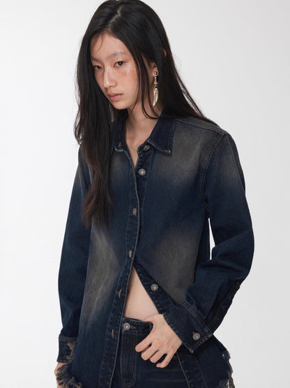 Vintage Washed Frayed Denim Fitted Shirt