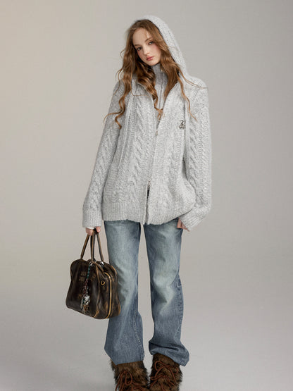 Two-Piece Chunky Knit High-Neck Cardigan