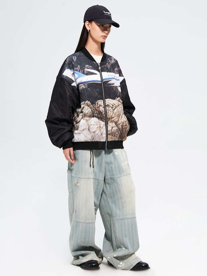 Splattered Wash Stripe Texture Workwear Denim Pants