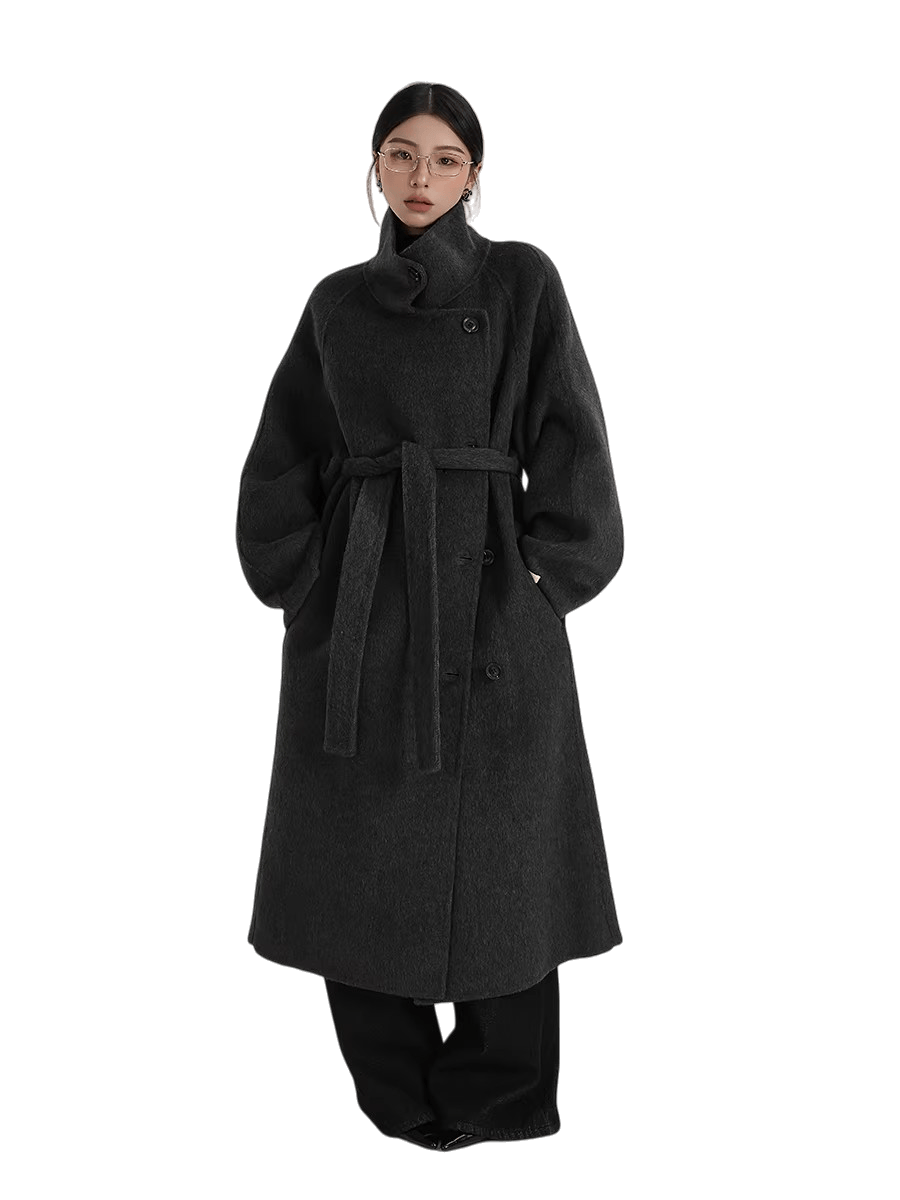 Stand-Collar Long Wool Double-Faced Coat