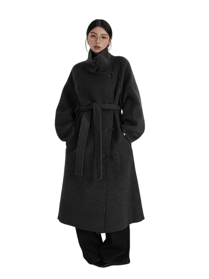 Stand-Collar Long Wool Double-Faced Coat