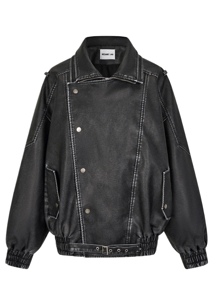 Double-Layer Collar Washed Leather Jacket