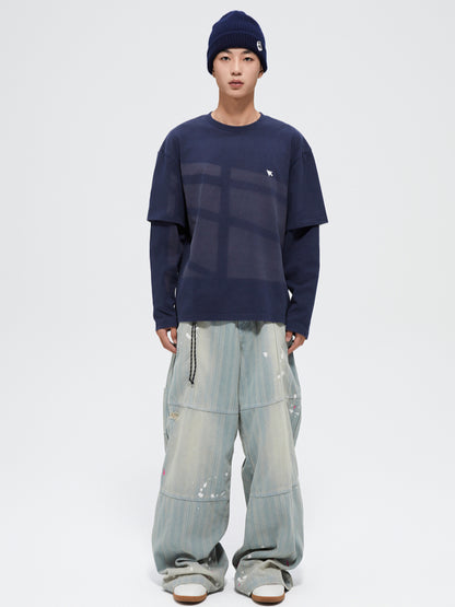 Splattered Wash Stripe Texture Workwear Denim Pants