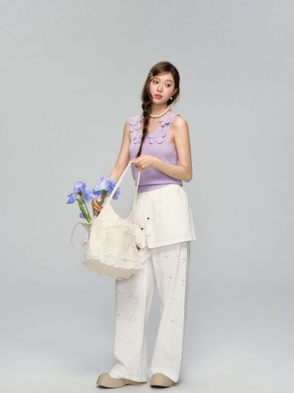 Hollow-Out Fauk Two Piece High-Waist Pants