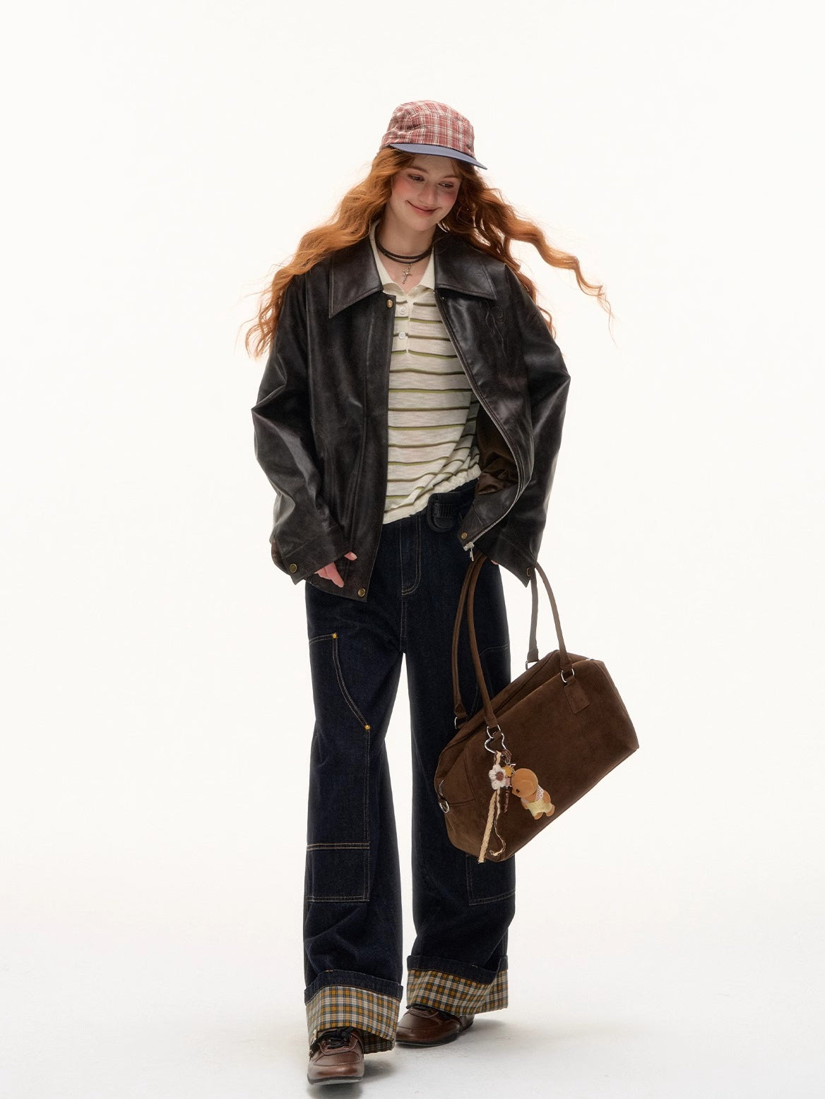 Plaid Cuff Wide-Leg Jeans
