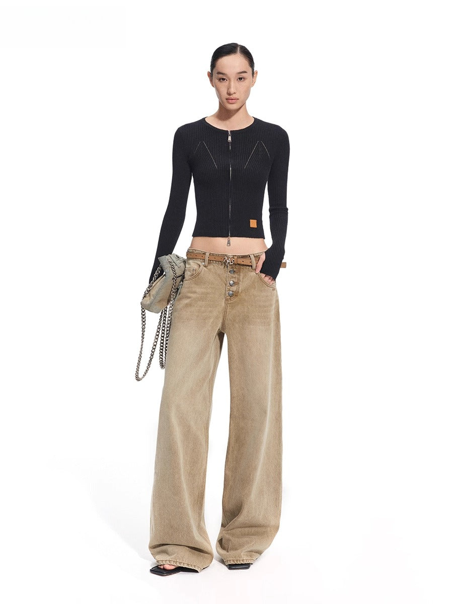 &quot;Rose Series&quot; Washed Twill Wide-Leg Denim Jeans