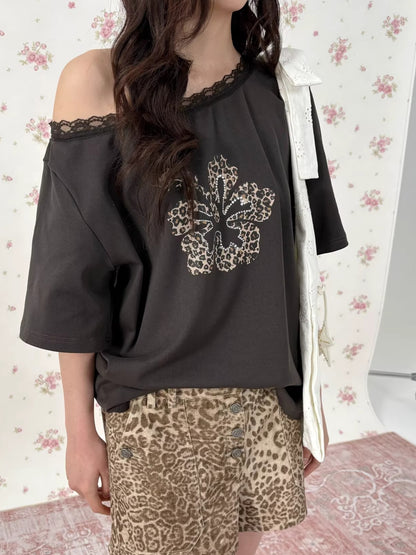 Leopard Rhinestone One-Shoulder T-Shirt