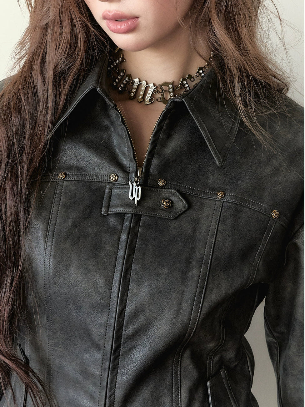 Dark Brown Studded PU Leather Jacket