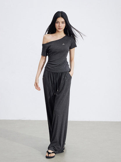 Off-Shoulder Draped Top Wide-Leg Pants Two-Piece Set